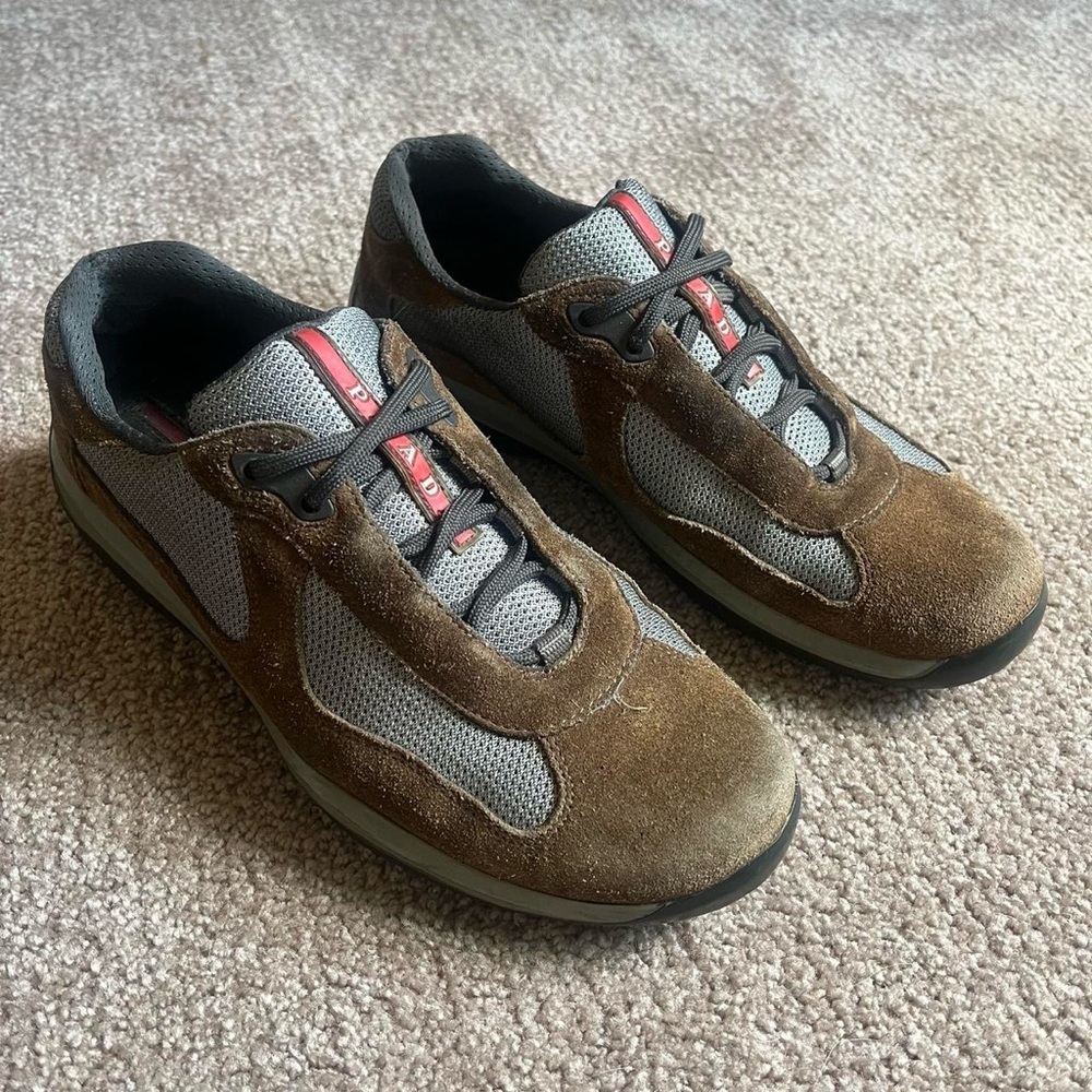 VTG 00s / Y2K Prada Americas Cup Brown Suede Leather Sneakers - Picture 4 of 7